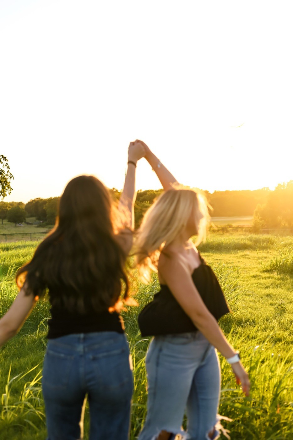 Two friends spinning and dancing together in a golden field.
